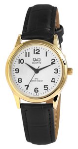 Q&Q dameshorloge, kunstleer, Ø 30 mm, zwart/goud