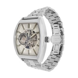  Stainless steel automatic skeleton watch with rectangular case, silver dial, and metal bracelet strap. Available in blue, green, and pink color variants.