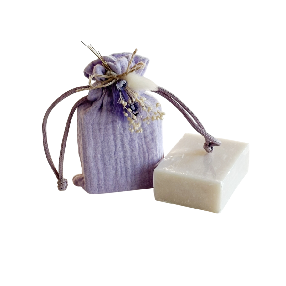 Bag with soap and bouquet 12.5x8cm lavender light