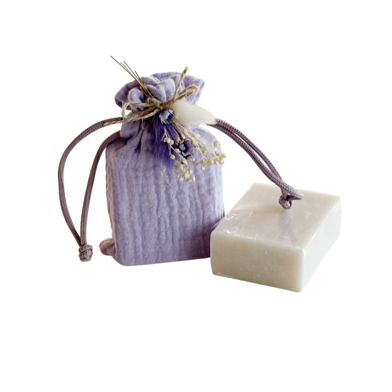 Bag with soap and bouquet 12.5x8cm lavender light