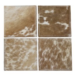 Coaster okselæder firkantet brun/hvid 10 cm (sæt med 4)