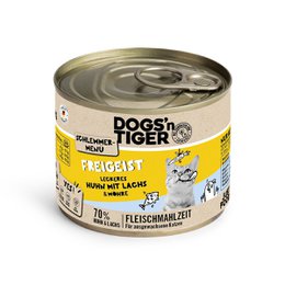 The product is a wet cat food from the Dogs'n Tiger brand, featuring a grain-free recipe with chicken, salmon, and carrot. The can contains 200g of the wet food.