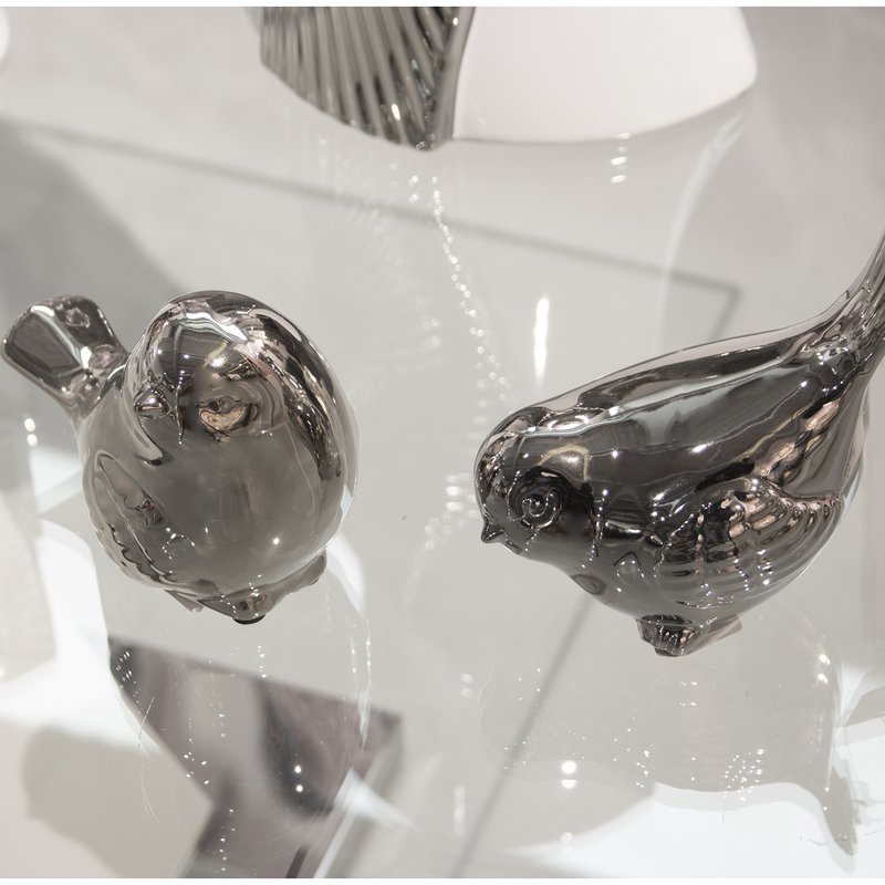 SET 2 SILVER CERAMIC BIRD FIGURES _13X8X11+12X8X12CM LL53790