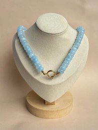 # Product Description
Light blue beaded necklace, chunky textured beads, casual style, short length choker design.