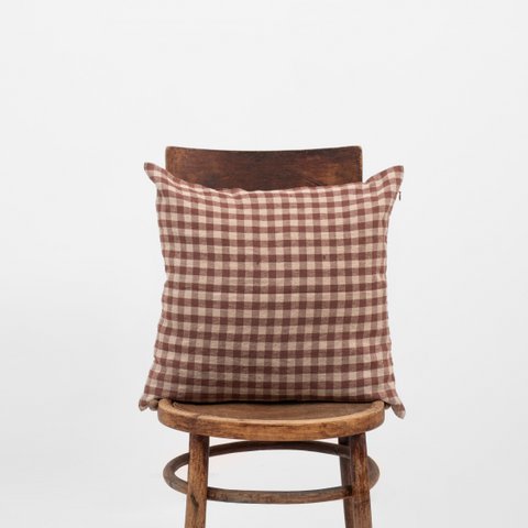 Chocolate Gingham Linen Cushion Cover
