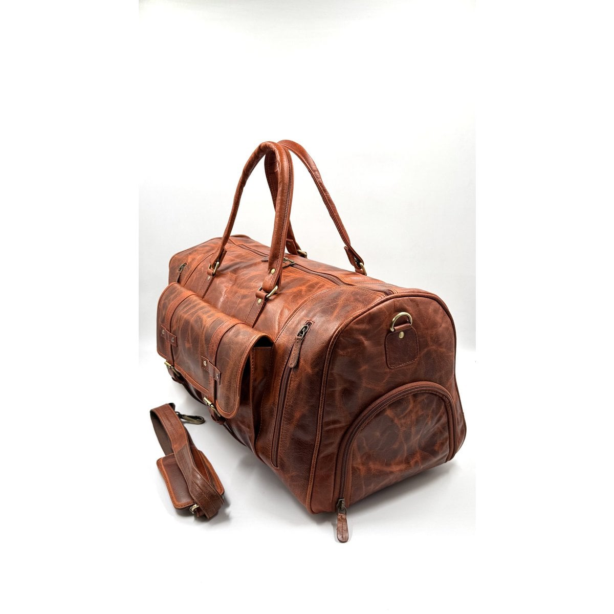 Handgefertigte Reisetasche aus marokkanischem Leder – Artisan 6-Pocket „Brick Brown“ Duffle mit speziellem Schuhfach