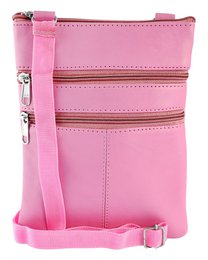 Pink genuine leather crossbody bag with multiple compartments and adjustable shoulder strap