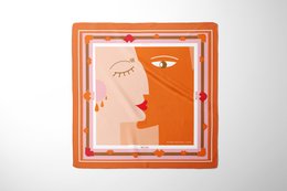  Orange square silk scarf with abstract face design, 67x67 cm.