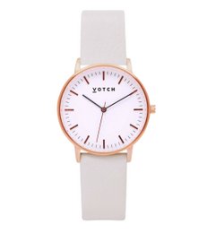 Rose gold and light grey watch with a minimalist design and a white dial.