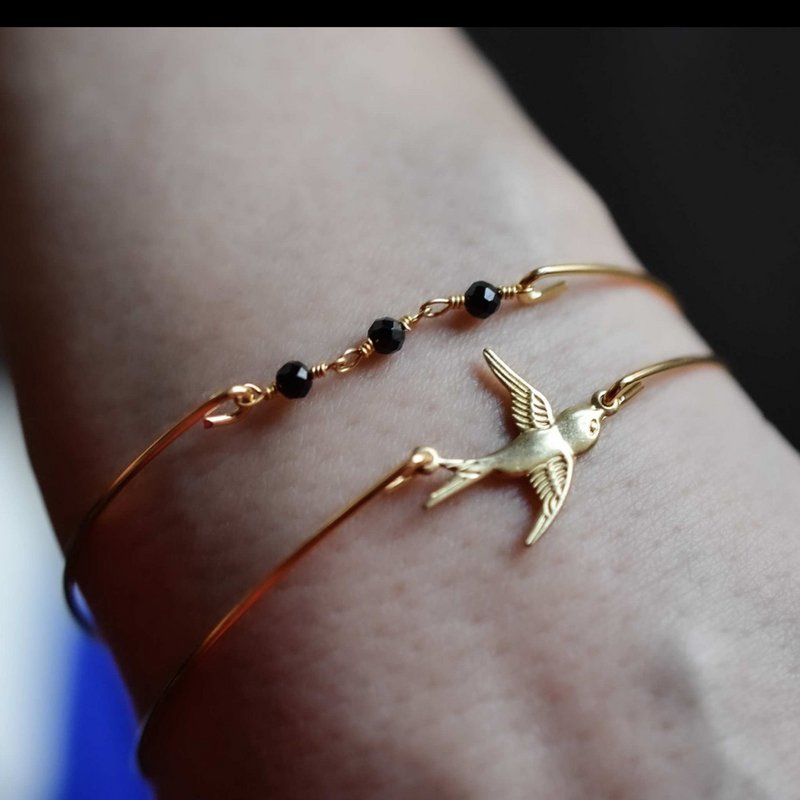 Onyx Swallow Gold Bangle Set - Gold Plated Black Gemstone Rondelles Animal Bird Swallow Jewelry Set - RETARM-38