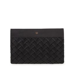 Recycled nylon quilted clutch pochette, black woven diamond pattern, flat rectangular shape, available in kaki noir rose violet colors.