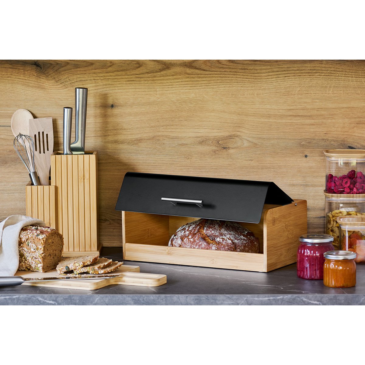 Brotkasten, Bambus/Metall/Edelstahl, schwarz FSC 100%