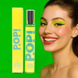 Bright neon yellow and green perfume spray bottle with vibrant pop design and bold typography.