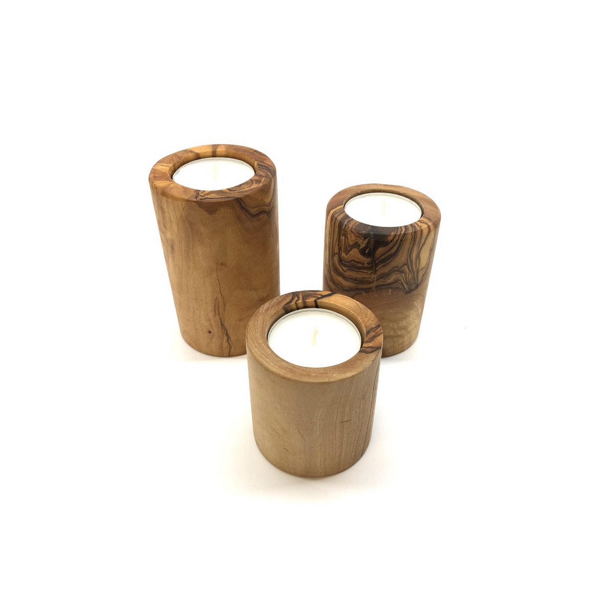 Juego de 3 portavelas de madera de olivo
