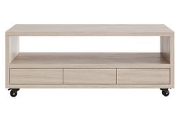 Sendai Nordic 3-drawer TV cabinet with wheels, made of roble blanqueado or roble natural wood, with 3 drawers and a shelf for storage and display.