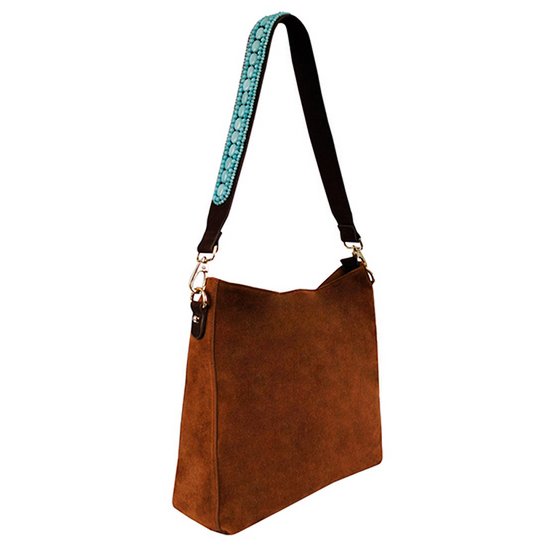 BOHO IBIZA BAG - Tracolla acquamarina (70cm) + Borsa in pelle scamosciata (Cognac)