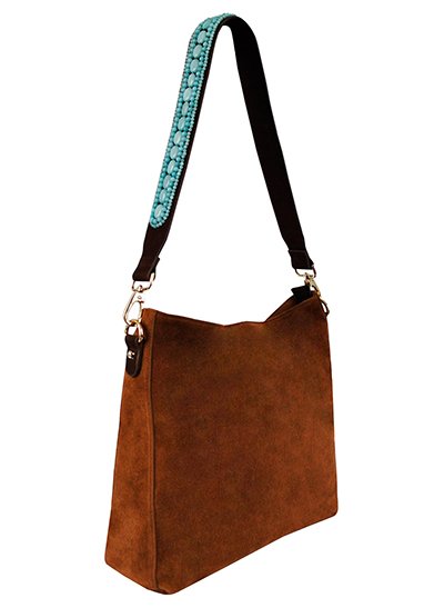BOHO IBIZA BAG - Tracolla acquamarina (70cm) + Borsa in pelle scamosciata (Cognac)