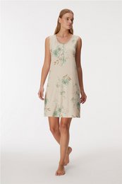  Scabiosa 11386 Women's Nightdress in a light green color with a floral print pattern. Made of a soft, lightweight material. Features a sleeveless design and a knee-length hemline.