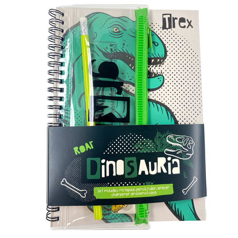 Dinosauria Ringgebundener Notizblock und Federmäppchen, 6-teiliges Briefpapier-Set