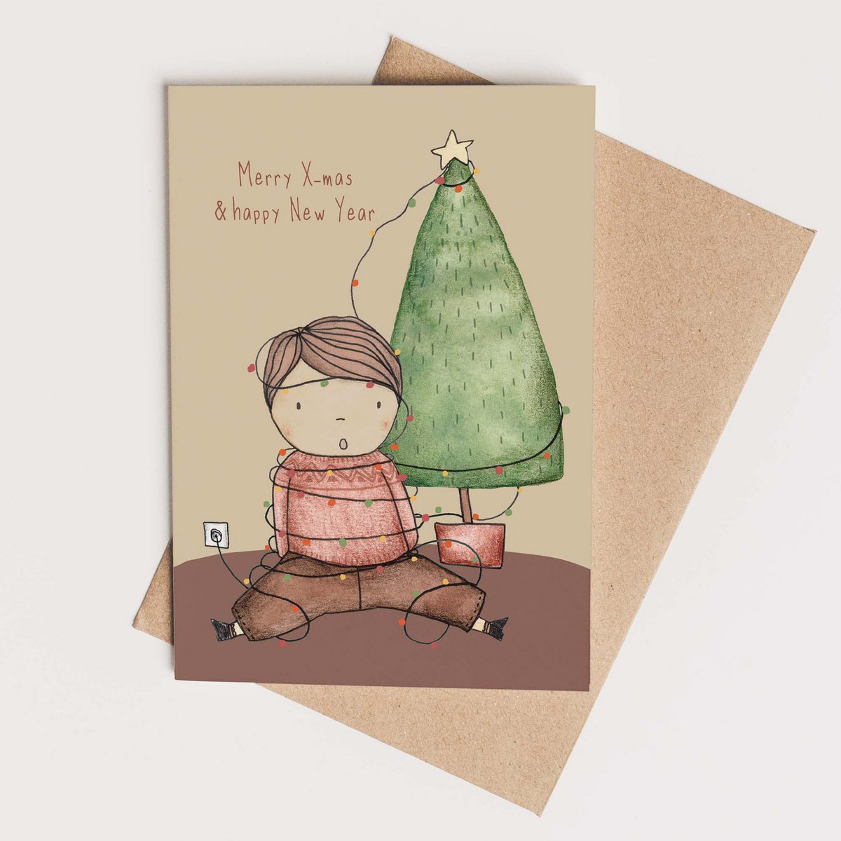 card + envelope - boy tangled in Christmas lights