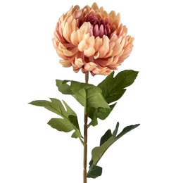 Peach pink full bloom dahlia artificial flower branch with green stem leaves.