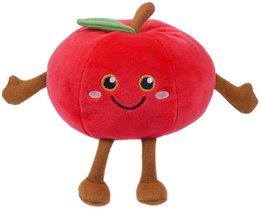 Red apple squishy plushie with brown arms and legs, cute smiling face, soft fabric toy.