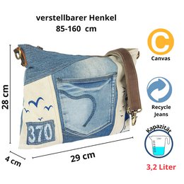 Sac à bandoulière durable Sunsa pour femmes. Sac à bandoulière fabriqué à partir de jeans recyclés et de toile (toile). Sac à main au style rétro vintage. Sac bandoulière pour femme.