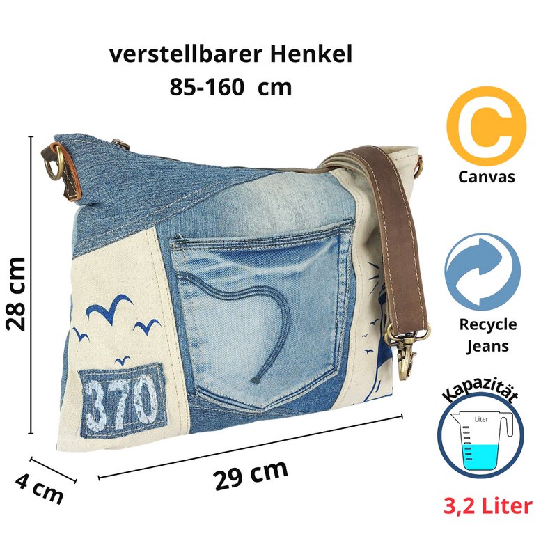 Borsa a tracolla sostenibile da donna Sunsa. Borsa a tracolla realizzata con jeans riciclati e tela (tela). Borsa a mano in stile retrò vintage. Borsa a tracolla per donna.