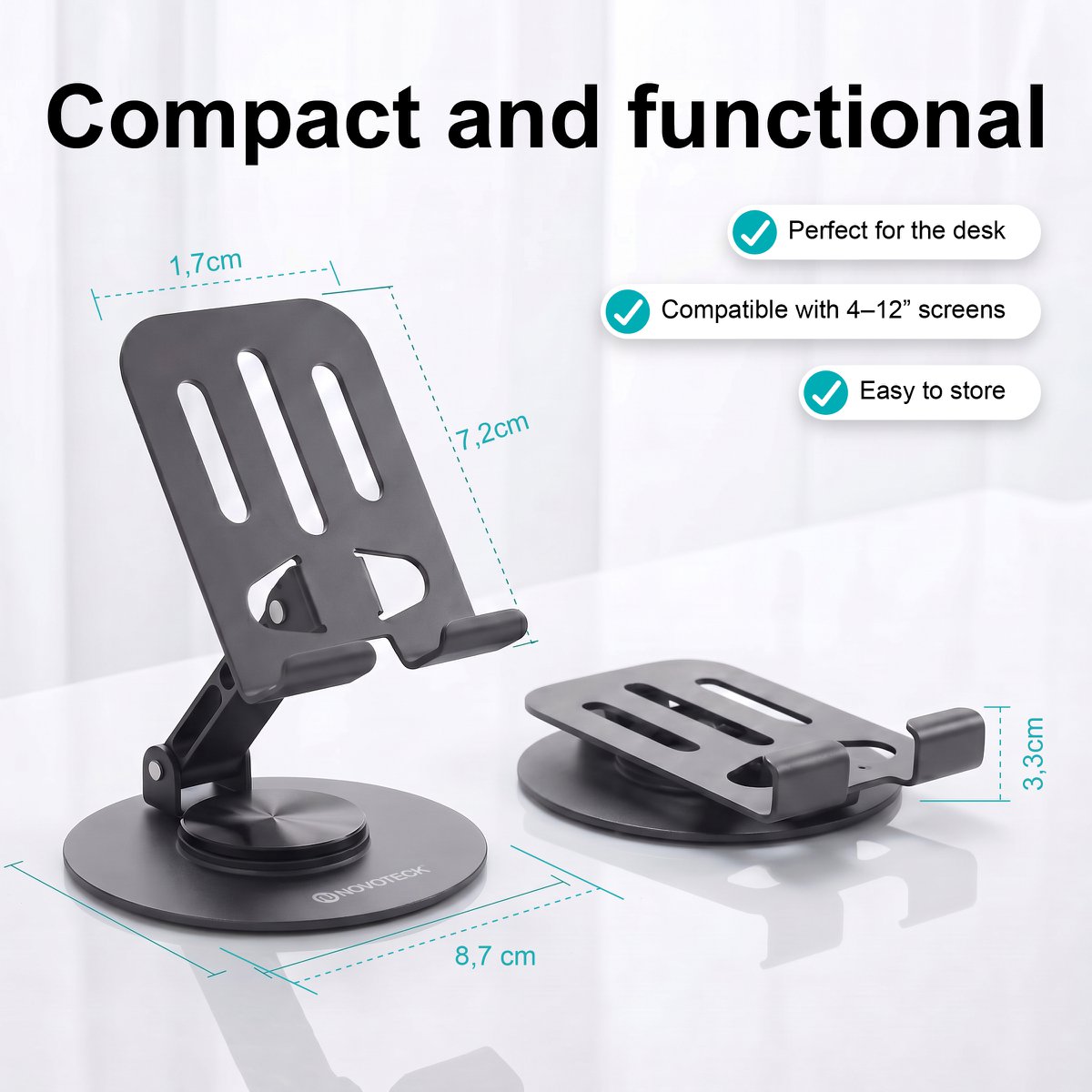 NOVOTECK Z-093 Soporte Giratorio Plegable para Teléfono – Soporte Metálico Ajustable 360° para Smartphones y Tabletas