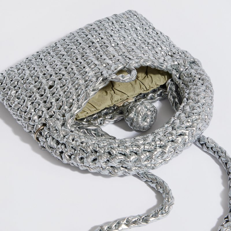 “Kalliopi metallics” crochet handbag with extra crossbody strap silver