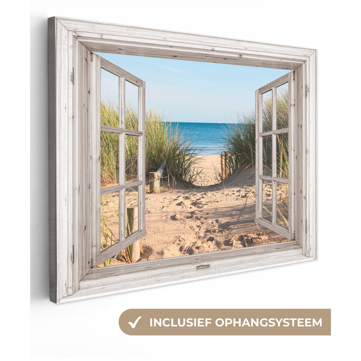 Canvas schilderij  - Wanddecoratie - Doorkijk - Strand - Zee - Duinen - Zand - Water - Helmgras