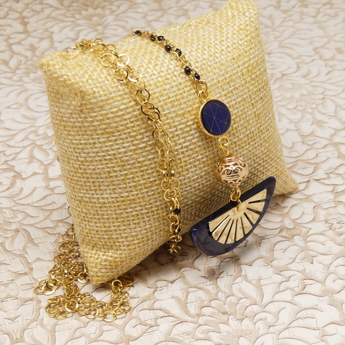 Collier Sautoir Art deco Bohème Chic demi lune Eventail Perle Bijou acier inoxydable Fête des mères Cadeau Maman