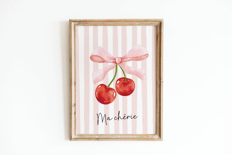 Ma Cherie print, cherry poster, cherry bow poster, Coquette print, pink girls room poster, girls nursery poster