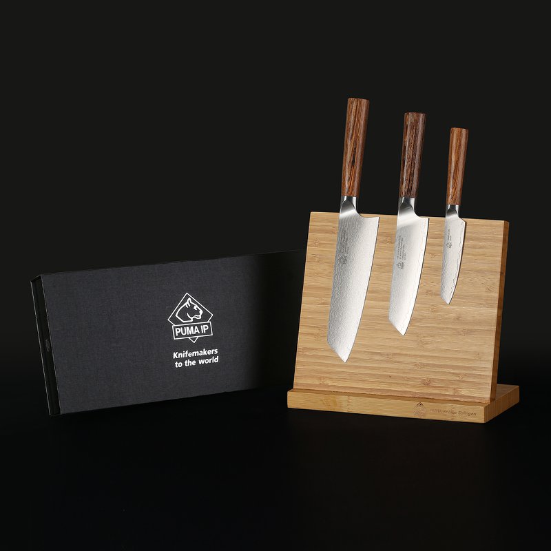 PUMA IP set of 3:   7” Santoku + 5.5” Santoku + 4”paring set  Magnet-Bambus Messerhalter