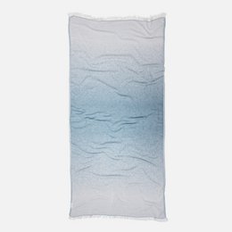 Faded ombre gradient towel, petrol blue white, lightweight cotton, textured weave, fringe trim.