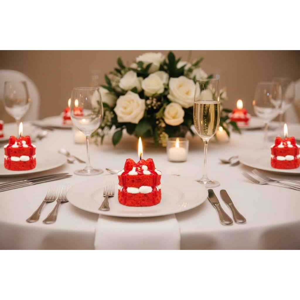 LAVURI® RED Velvet Strawberry cake with whipped cream and fruit as a topping on a red, fluffy cake base – a gourmet dessert candle made from 100% soy wax