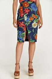 Falda lápiz de algodón floral en tonos rojos, azules y verdes