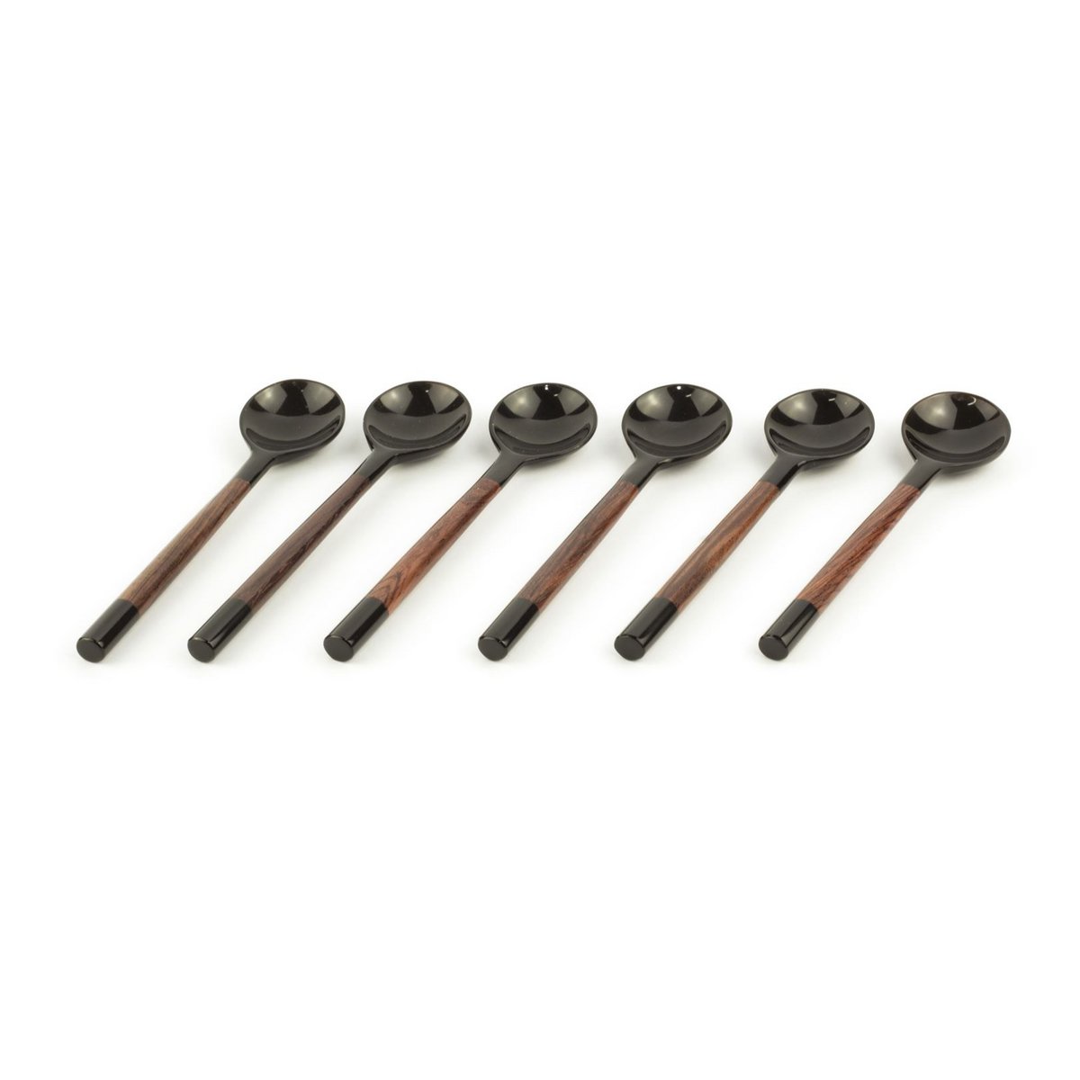 Set van 6 ronde theelepels van zwart hoorn met rozenhouten handvat