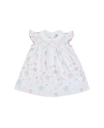 A white baby dress with a floral print pattern, featuring short flutter sleeves and a round neckline. The dress is suitable for babies aged 3 to 24 months and comes in a variety of sizes.