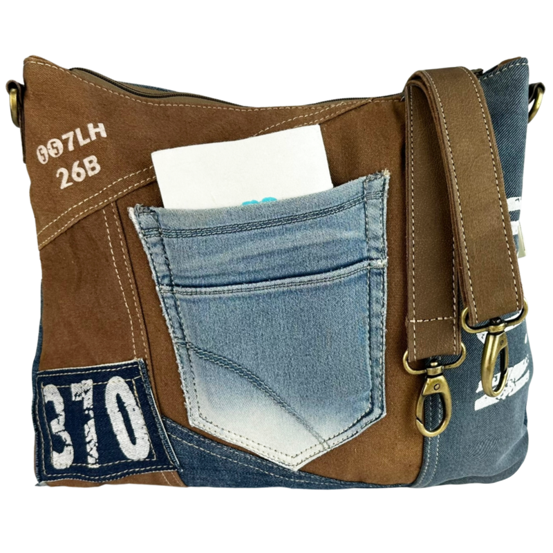 Sac bandoulière femme Sunsa. Sac bandoulière en jean et toile upcyclés. Sac à main style rétro vintage. Sac bandoulière pour femme.
