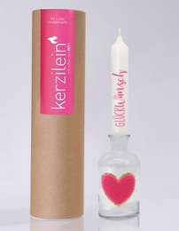 Glas med pind lys og patch hjerte guld/neon pink, hvid/neon pink "Tillykke"