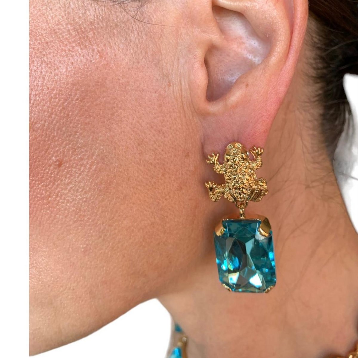 Armonia Gold Plated Light Blue Crystal Earrings With Frog
