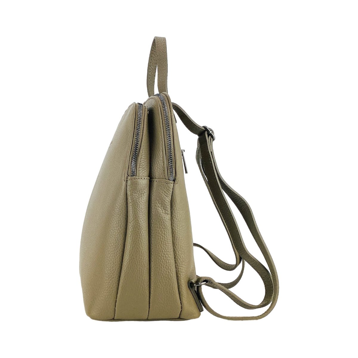 RB1018AQ | Echt leren damesrugzak met dubbel compartiment, gemaakt in Italië, met verstelbare schouderbanden. Gunmetal metalen accessoires - Kleur taupe - Afmetingen: 26 x 30 x 14,5 cm