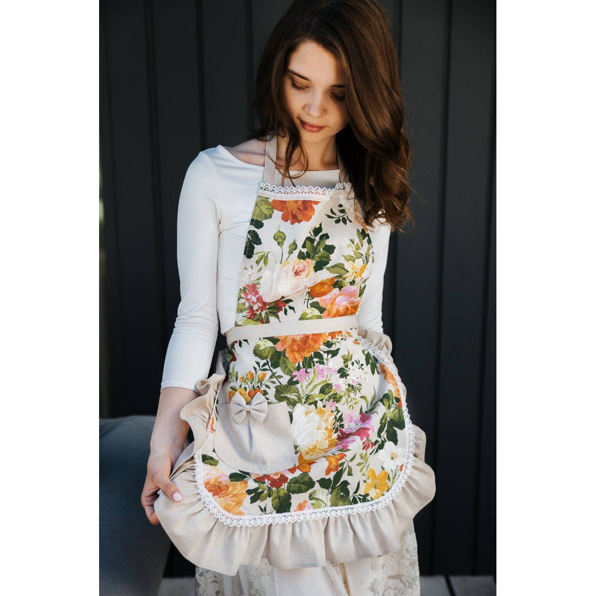 Ladies Apron with Ruffles, Poly-cotton Mix, Printed | Flower Big