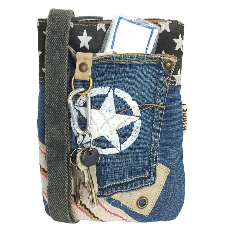 Sac bandoulière femme Sunsa. Sac réalisé en jeans et toile upcyclés. sac à bandoulière végétalien vintage. Petit sac croisé