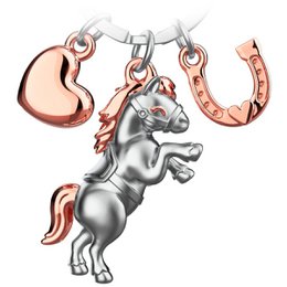  Pony-shaped keychain with heart and horseshoe charms, available in rose gold, gold, and silver finishes. A lucky charm gift for horse lovers.