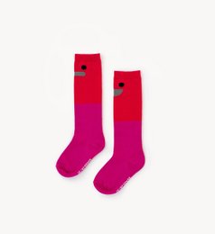 'Red and pink kids' socks with a stylized logo. The socks appear to be made of a soft, stretchy material and come in a variety of sizes to fit different age ranges.'
