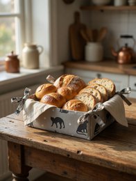  Woven cat-patterned bread basket in gray and white tones. Sturdy construction with tied bows on the corners.