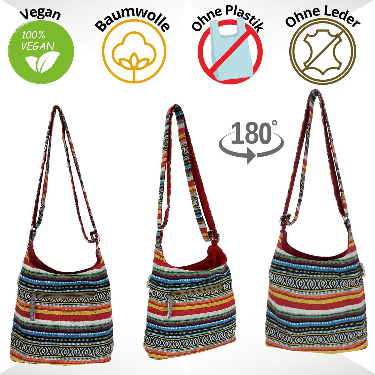 Sac hobo Sunsa. Pochette en coton tissé rayé. Sac à bandoulière pour femme/fille avec poignée réglable. Grand sac en tissu léger avec fermeture zippée.
