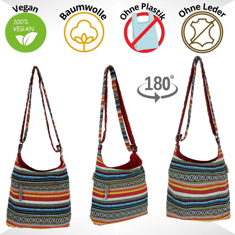 Sunsa hobo taske. Stribet taske i vævet bomuld. Dame/piger skuldertaske med justerbart håndtag. Letvægts stor stoftaske med lynlåslukning.